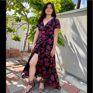 Black floral wrap maxi dress